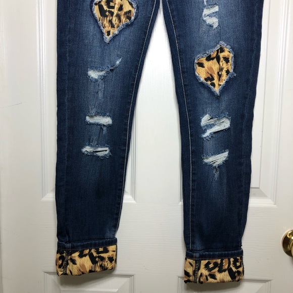 KanCan Stretchy Mid Rise Distress Ripped Leopard Patch Ankle Skinny Blue Jean 28 - Picture 5 of 15